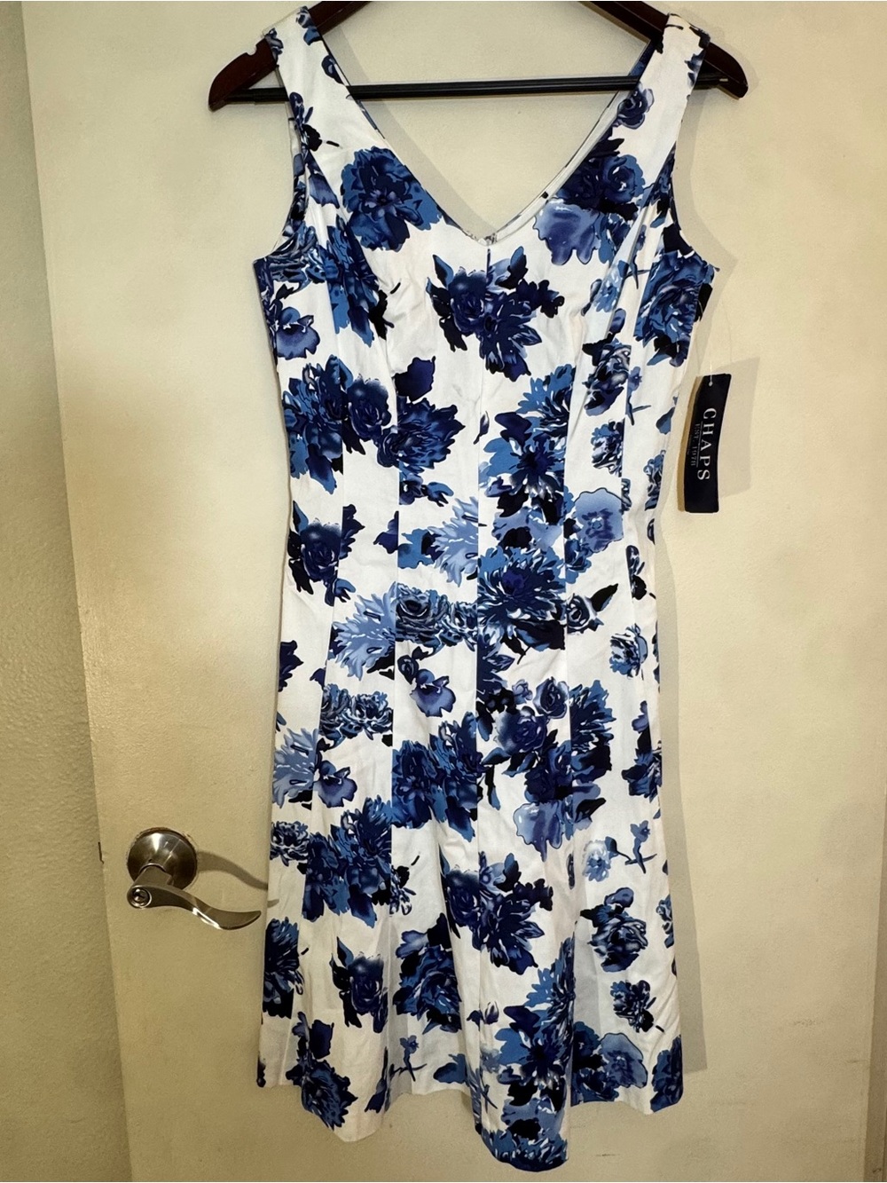 Chaps White Dress with Blue Floral Print